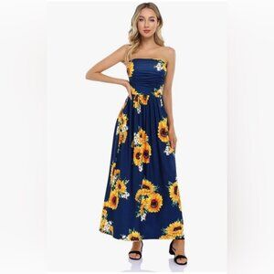 NWT - Women's Strapless Floral Maxi Dress - Blue Sunflower